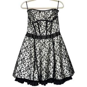 VTG 90s Gunne Sax Jessica McClintock Strapless Black Lace Tulle Mini Dress 9